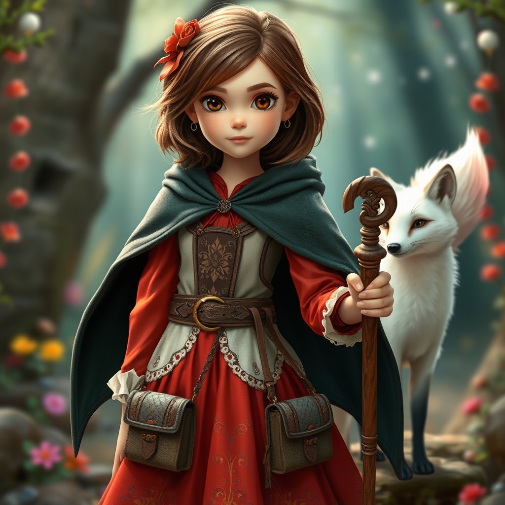 In a spellbinding style, a young girl with enchanting brown shoulder-length hair and warm brown eyes stands confidently