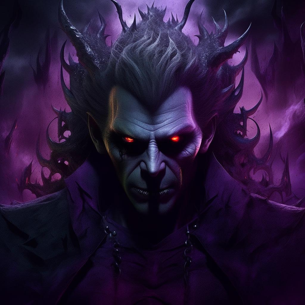 The embodiment of evil as a genius, intensified malevolence radiating around him. His fiery eyes and elaborate, eerie lair are washed in a dramatic color scheme, a blend of sinister purples, ghostly greens, and daunting blacks heightening the terrifying atmosphere.