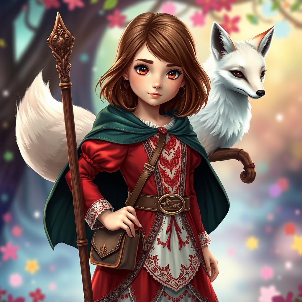 In a spellbinding style, a young girl with enchanting brown shoulder-length hair and warm brown eyes stands confidently