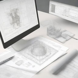 A CAD drawing toolset resting on a sketch pad, with a semi-rendered 3D model of an intricate structure on a computer screen.