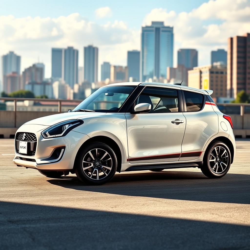 A sleek 2021 Suzuki Swift in stunning white pearl finish, adorned with a stylish racing stripe running along the side