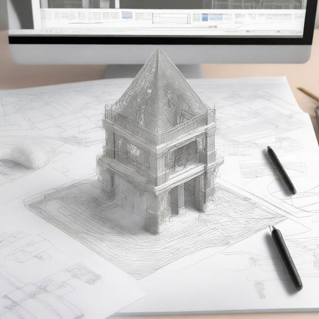 A CAD drawing toolset resting on a sketch pad, with a semi-rendered 3D model of an intricate structure on a computer screen.