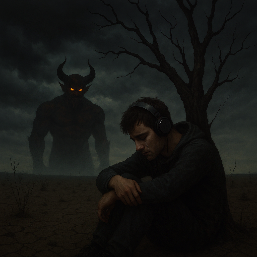 Add A Man Crying And Sitting While Leaning on the tree With Headphones in