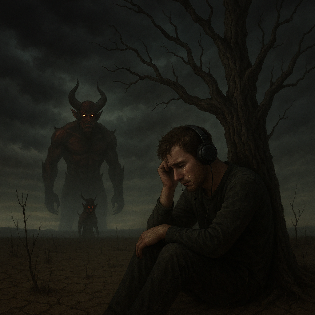 dont change anything but Add A Man Crying And Sitting While Leaning on the tree With Headphones in