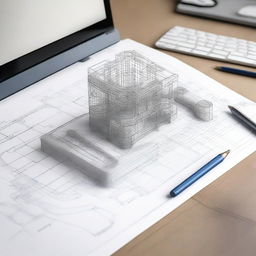 A CAD drawing toolset resting on a sketch pad, with a semi-rendered 3D model of an intricate structure on a computer screen.