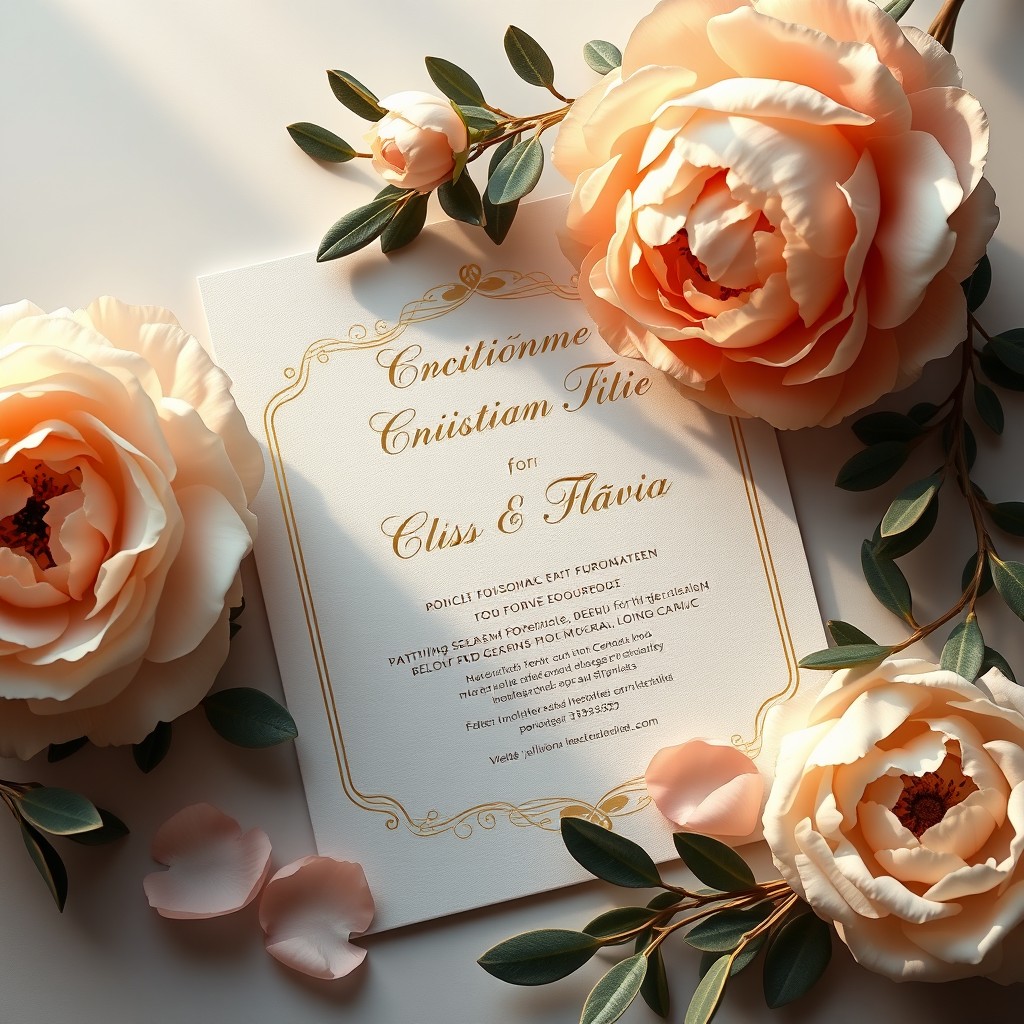 A beautifully designed wedding invitation for Cristian e Flávia, incorporating realistic 3D rendered flowers including white roses, peach-colored peonies, and eucalyptus branches partially surrounding the invitation