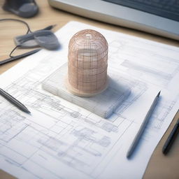 A CAD drawing toolset resting on a sketch pad, with a semi-rendered 3D model of an intricate structure on a computer screen.