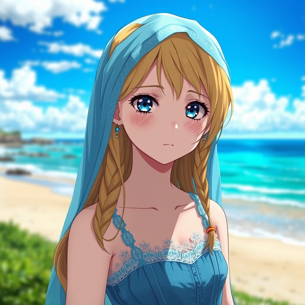 A 16-year-old girl with freckles and a blue veil, golden blonde hair, square face, and unique blue-brown eyes, wearing a beautiful blue princess dress