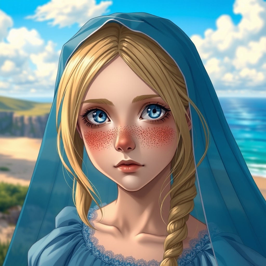 A 16-year-old girl with freckles, wearing a blue veil, has golden blonde hair and striking blue-brown eyes