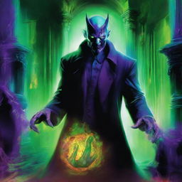 An inventive sweep of chilling blues, ominous purples and haunting greens colorizing the lair of an evil genius. Fiery eyes piercing the eerie light, radiating an amplified aura of malevolent, undeniable evil.