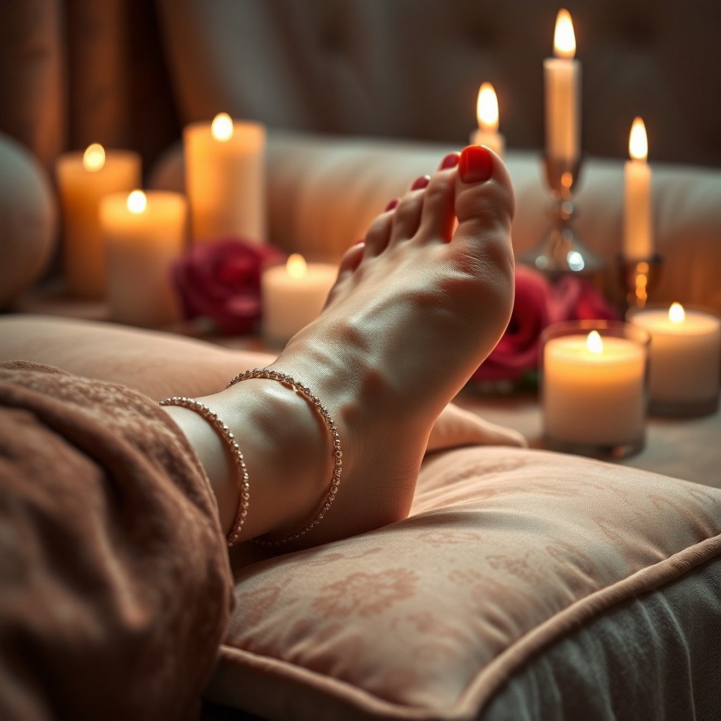 A close-up shot capturing the intricate details of a beautifully pedicured foot resting on a luxurious velvet pillow, surrounded by elegant candles, soft dim lighting creating a warm and inviting atmosphere