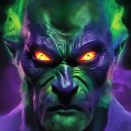 An inventive sweep of chilling blues, ominous purples and haunting greens colorizing the lair of an evil genius. Fiery eyes piercing the eerie light, radiating an amplified aura of malevolent, undeniable evil.