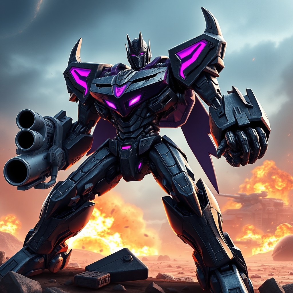 Megatron from Transformers Armada, a menacing futuristic robot with a dark metallic finish, intricate mechanical details, and glowing purple accents, poised in an aggressive stance, with his signature cannon arm ready, set against a dynamic sci-fi background of a war-torn battlefield with explosions and debris, showcasing his formidable presence and power