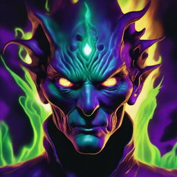 An inventive sweep of chilling blues, ominous purples and haunting greens colorizing the lair of an evil genius. Fiery eyes piercing the eerie light, radiating an amplified aura of malevolent, undeniable evil.