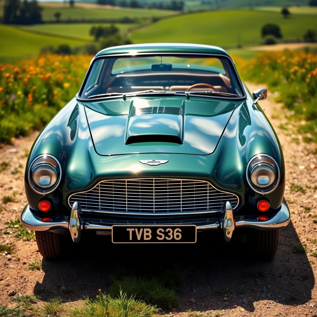 A sleek and elegant Aston Martin Mark 2 car, showcasing its vintage curves and chrome details, parked in an idyllic countryside setting