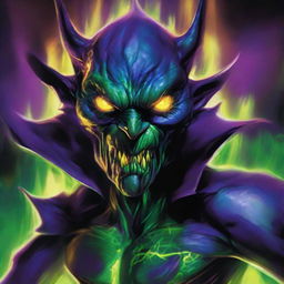 An inventive sweep of chilling blues, ominous purples and haunting greens colorizing the lair of an evil genius. Fiery eyes piercing the eerie light, radiating an amplified aura of malevolent, undeniable evil.