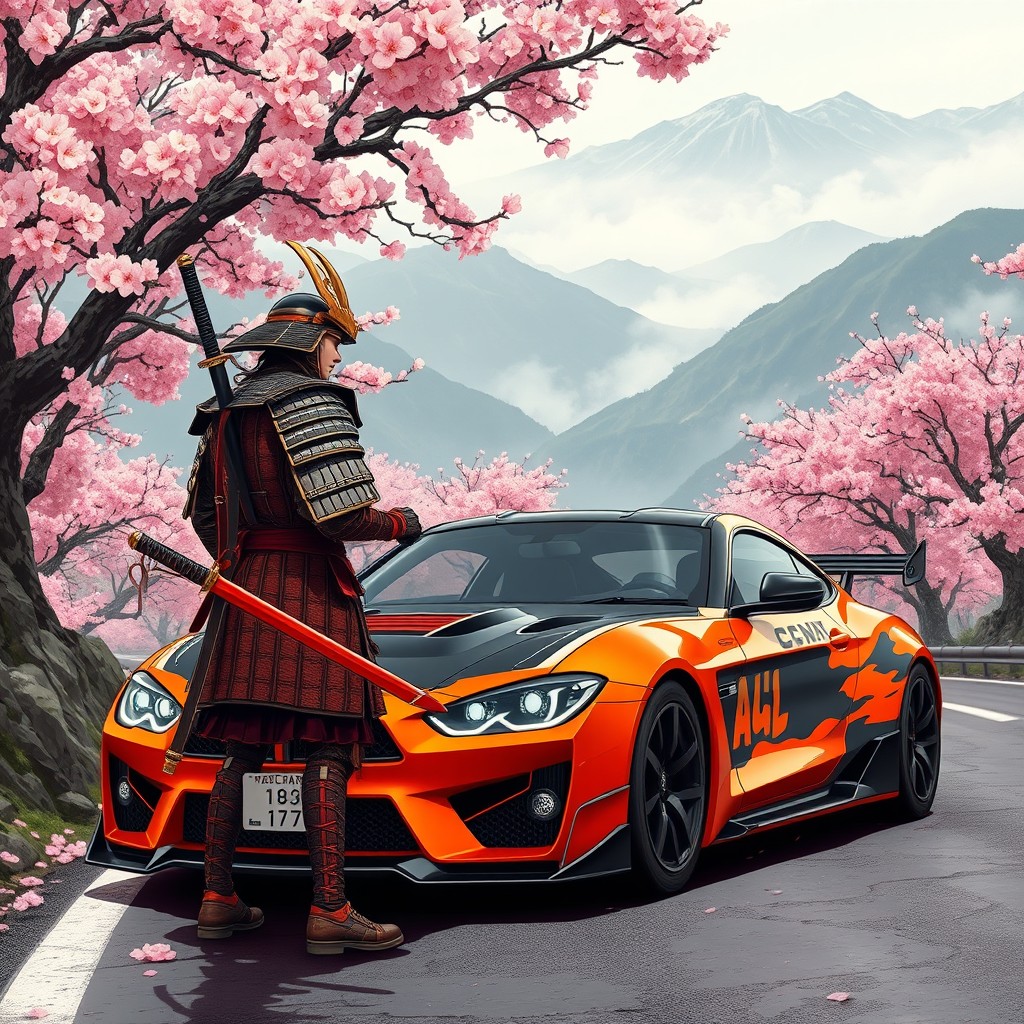 An action-packed illustration featuring the Mark II car in an intense samurai-themed setting