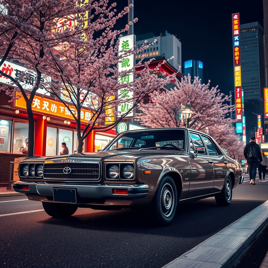 A vibrant scene featuring a Toyota Mark II 90 on the bustling streets of Tokyo, Japan, at night