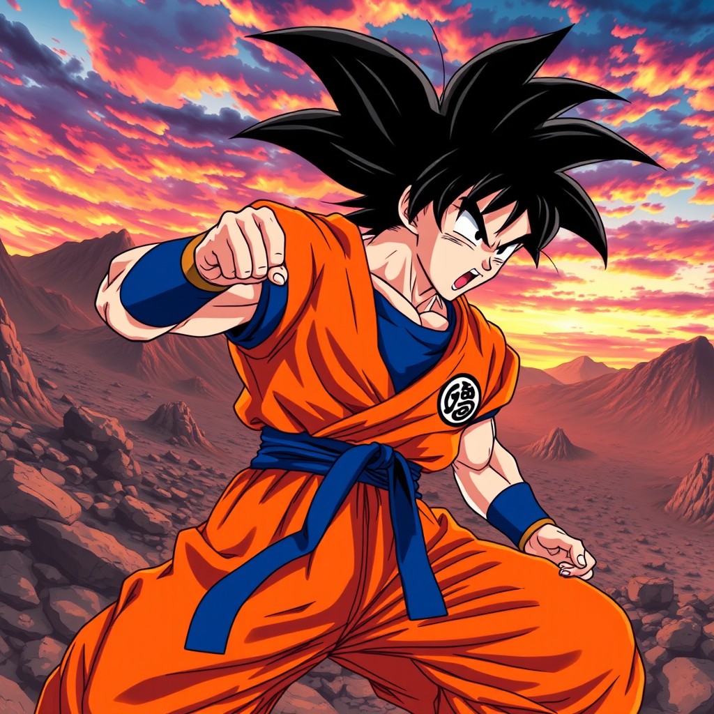 An epic scene of Goku from the popular anime series Dragon Ball Z, showcasing him in his iconic orange gi with blue accents