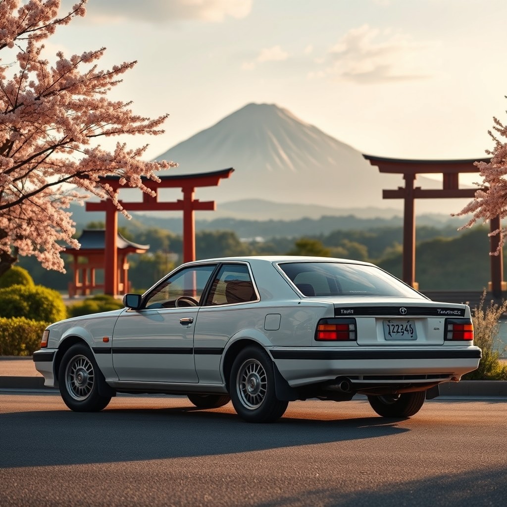 A stunning scene showcasing a Toyota Mark II X90 parked elegantly in a picturesque location in Japan