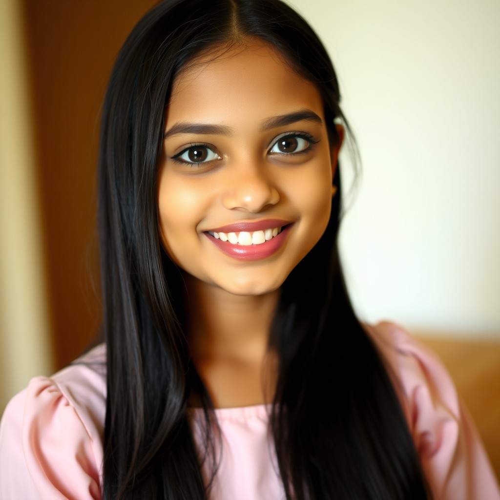 A portrait of a beautiful Desi girl with long silky black hair, featuring her upper lip prominently visible