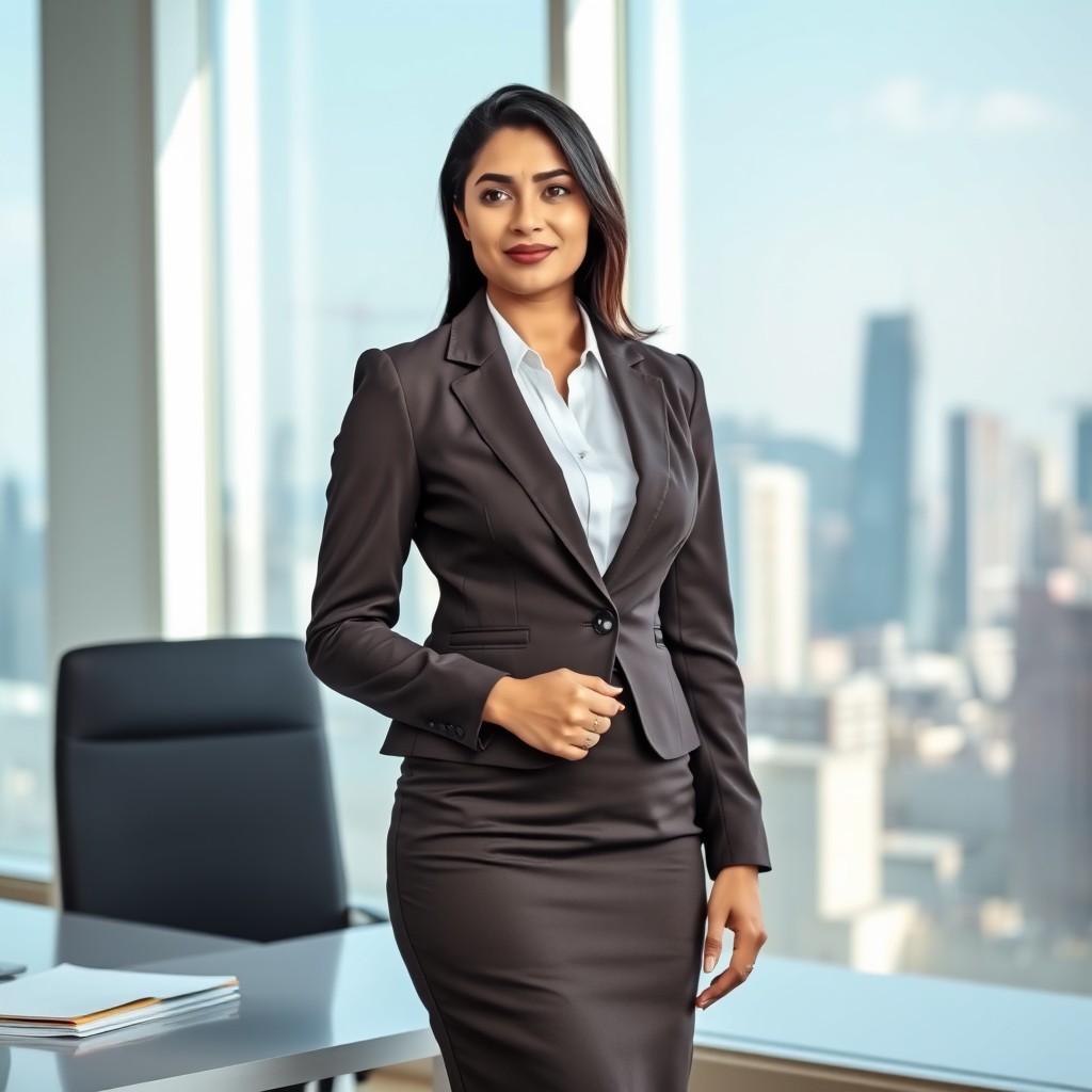 A focused and ambitious working Indian woman in a stylish formal attire, standing confidently in a modern office environment