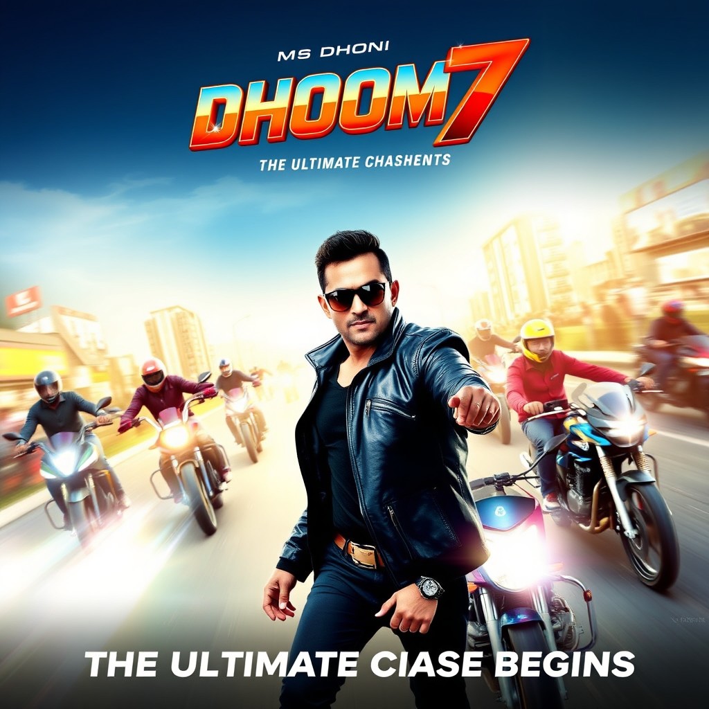 A dynamic and thrilling movie poster for 'Dhoom 7' featuring MS Dhoni as the main lead