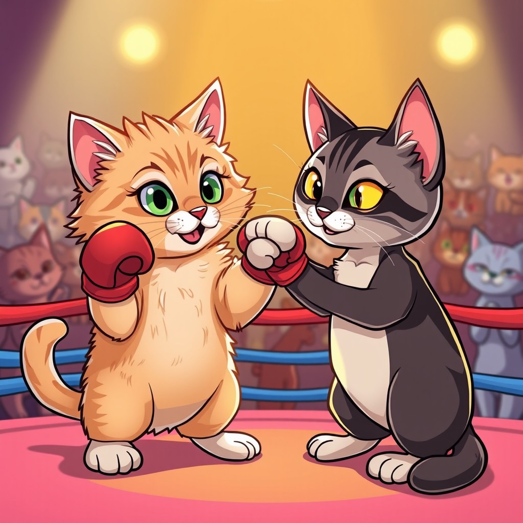 Two playful cats engaged in a boxing match, wearing tiny boxing gloves, surrounded by a colorful ring