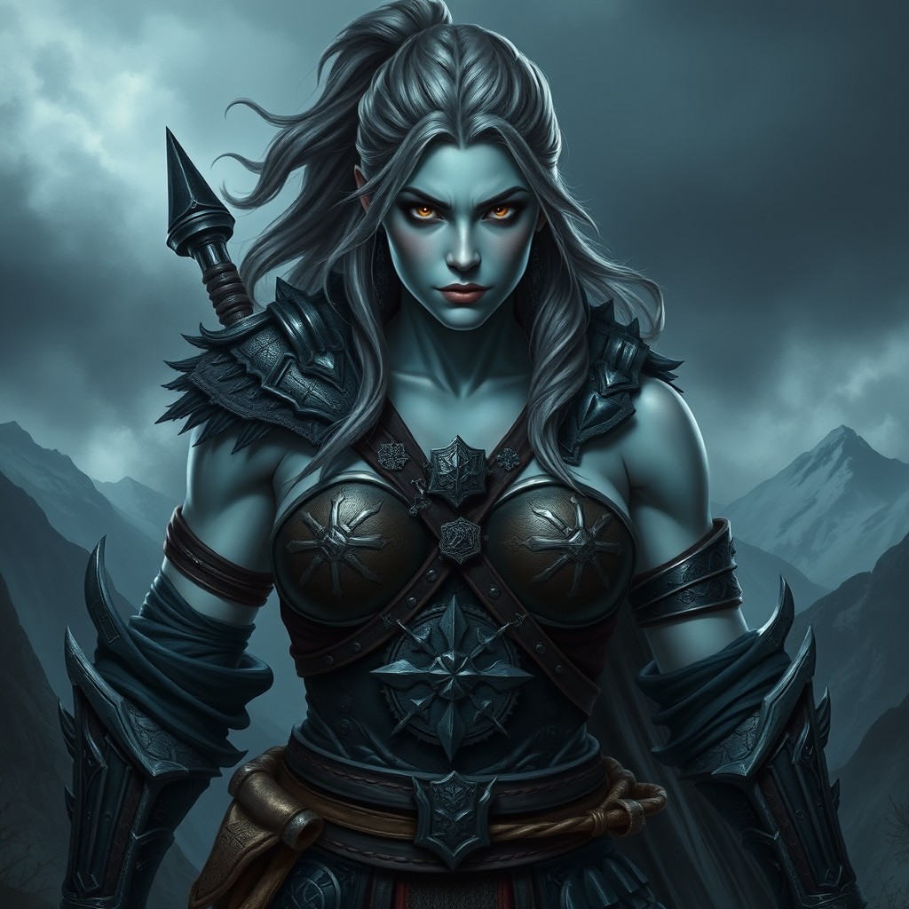 A Nordic warrior woman with a muscular and athletic build, featuring light blue skin