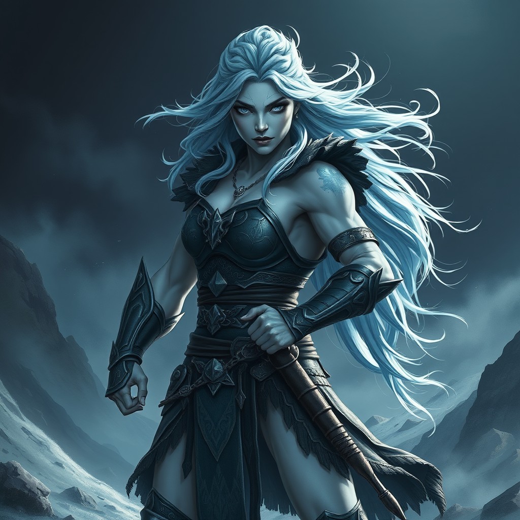A powerful Nordic warrior woman, muscular and athletic build, with light blue skin, exuding a dark fantasy theme