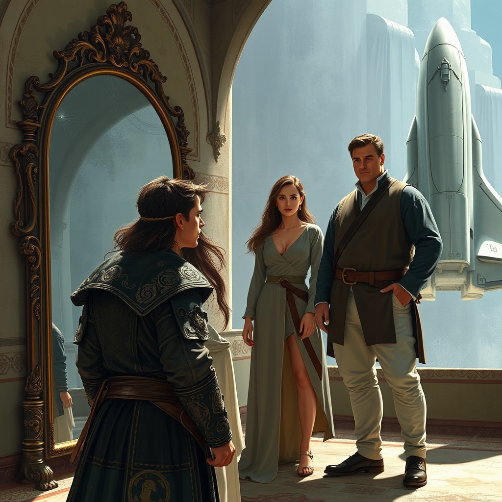 A scene depicting a man in medieval clothing with intricate details, gazing at a sleek space shuttle positioned on the right side of the image