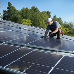 A professional solar panel installer at work, carefully mounting eco-friendly solar panels onto a sunlit rooftop.