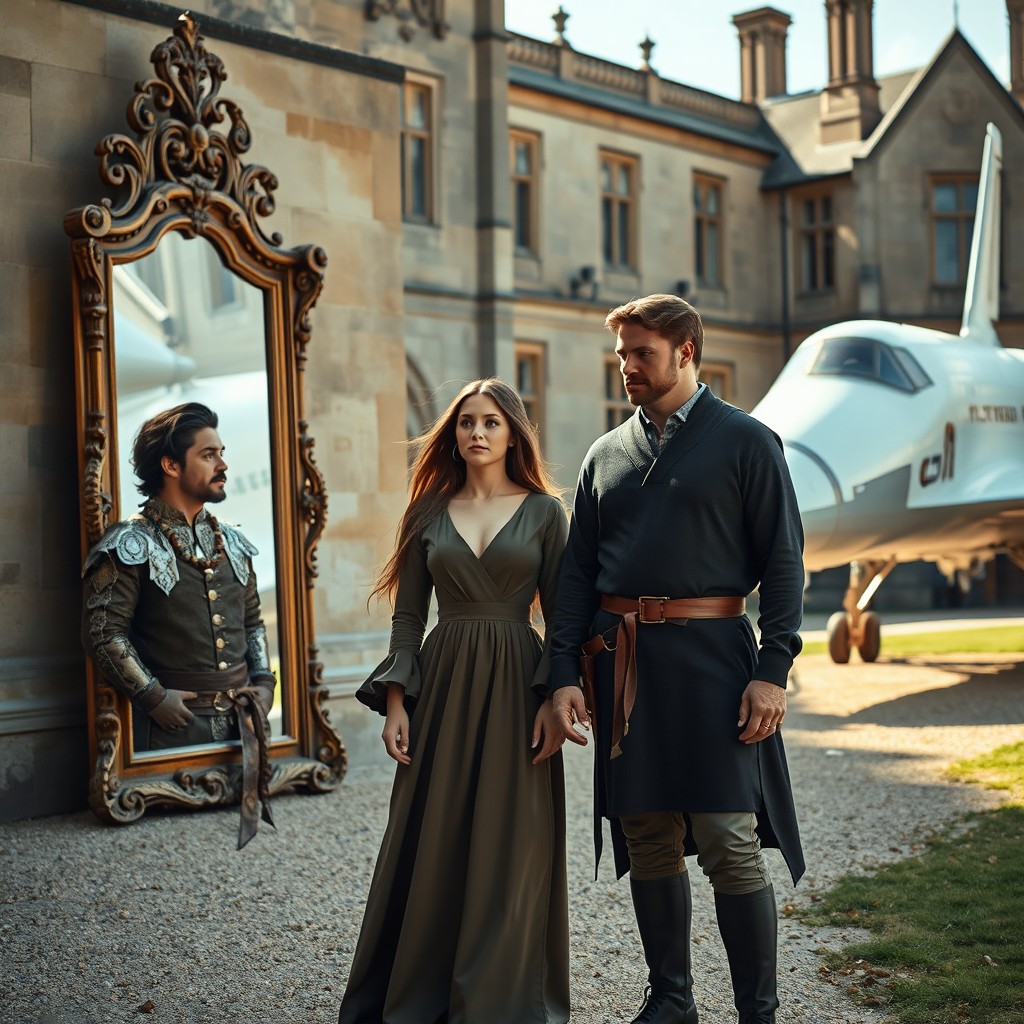 An outdoor scene in front of a large, grand manor house, featuring a man in detailed medieval clothing looking intently at a sleek space shuttle positioned on the right