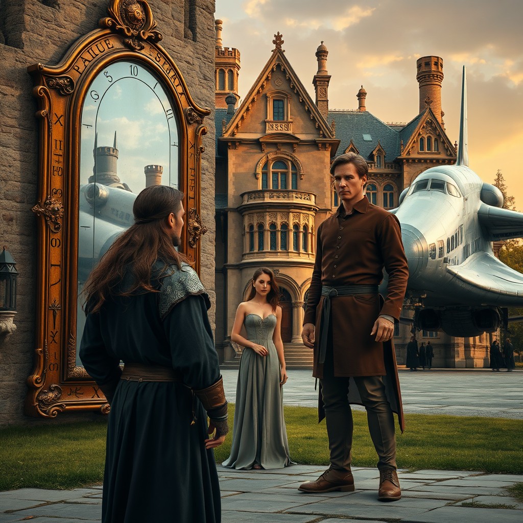 A man in medieval clothing stands outside a large, grand manor house, gazing at a sleek space shuttle positioned on the right