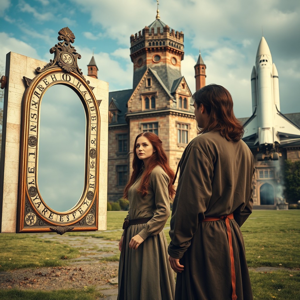 Outside a large, majestic manor house, a man in medieval clothing stands captivated by a sleek space shuttle on the right