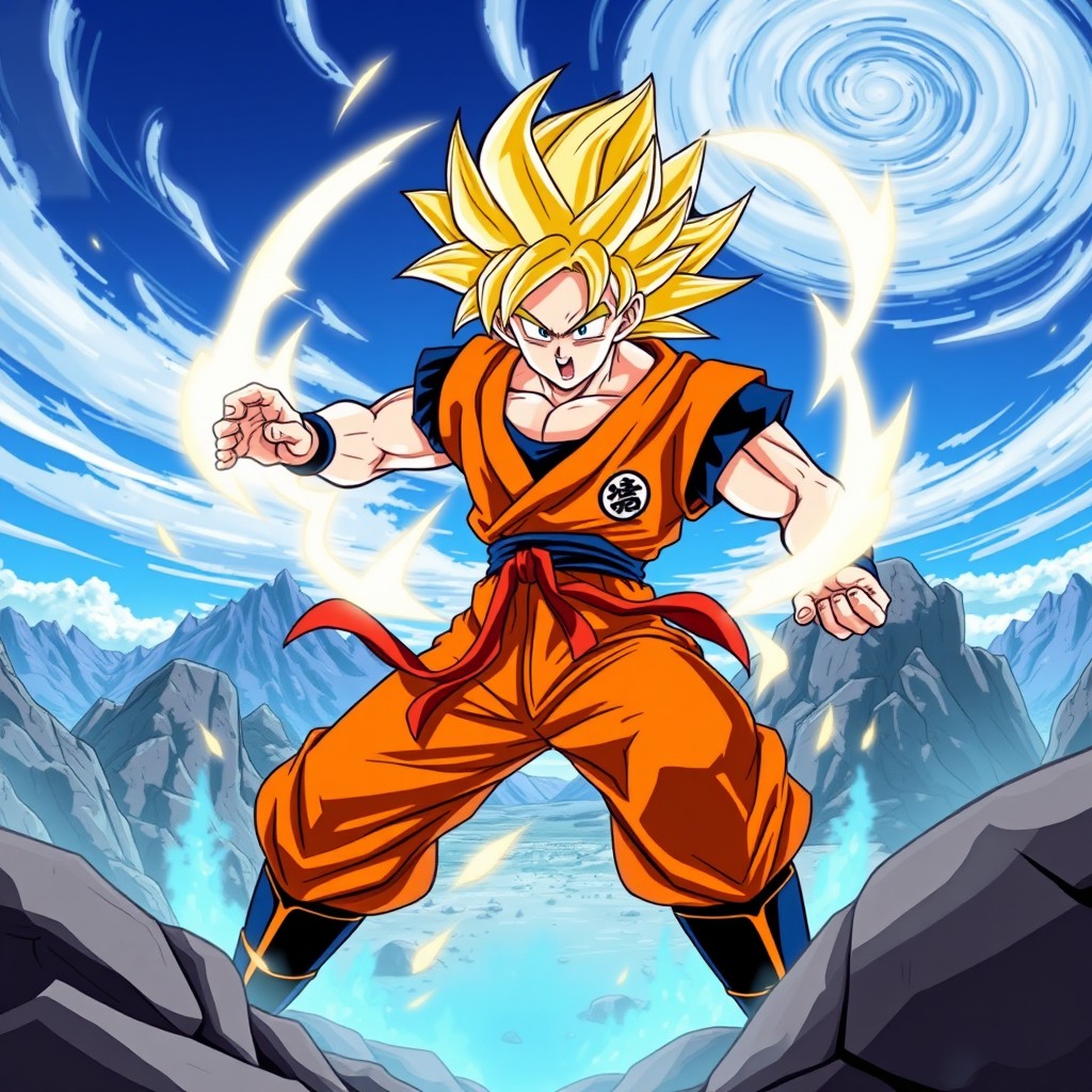 A dynamic scene of Goku from Dragon Ball Z, in his iconic orange gi with blue accents, showcasing his Super Saiyan form with golden hair and a fierce expression