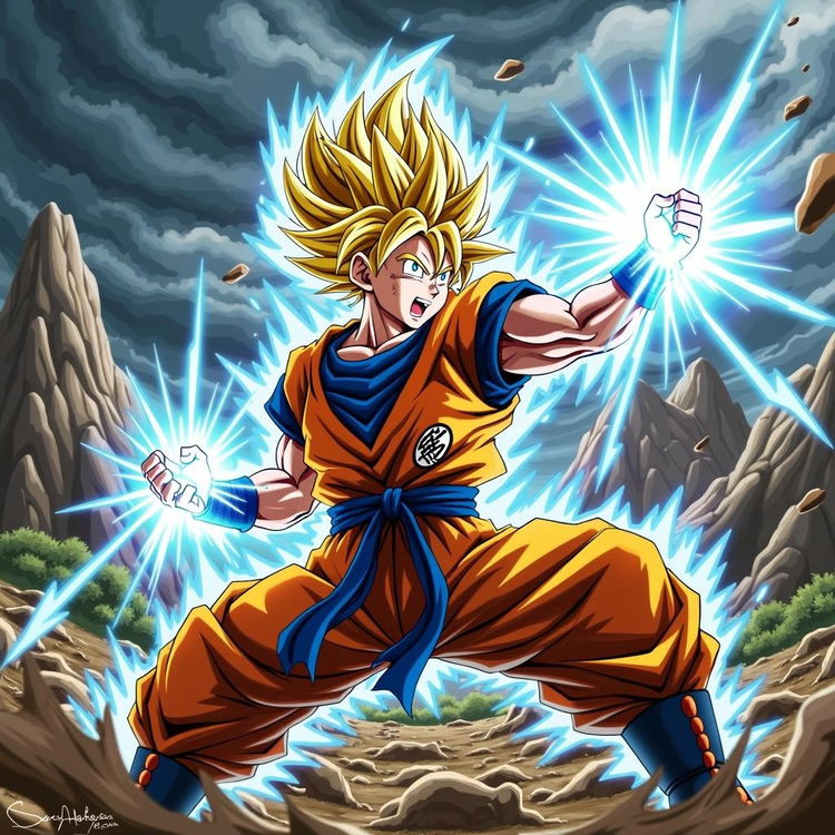 An epic scene depicting Goku, the iconic anime character, engaged in a fierce battle