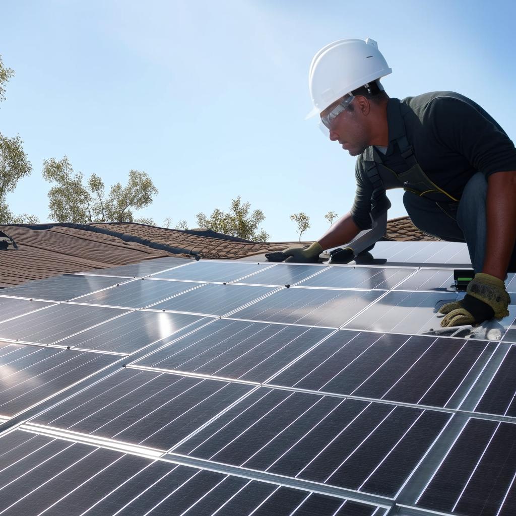 A professional solar panel installer at work, carefully mounting eco-friendly solar panels onto a sunlit rooftop.