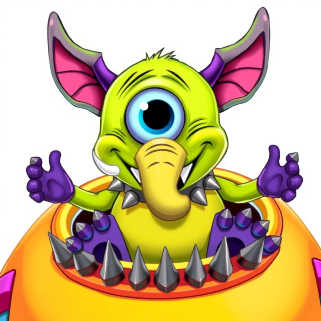 A cartoonish, brightly colored monster with one large blue eye, elephant-like ears and trunk, and a wide smile showcasing sharp teeth is centered in the image