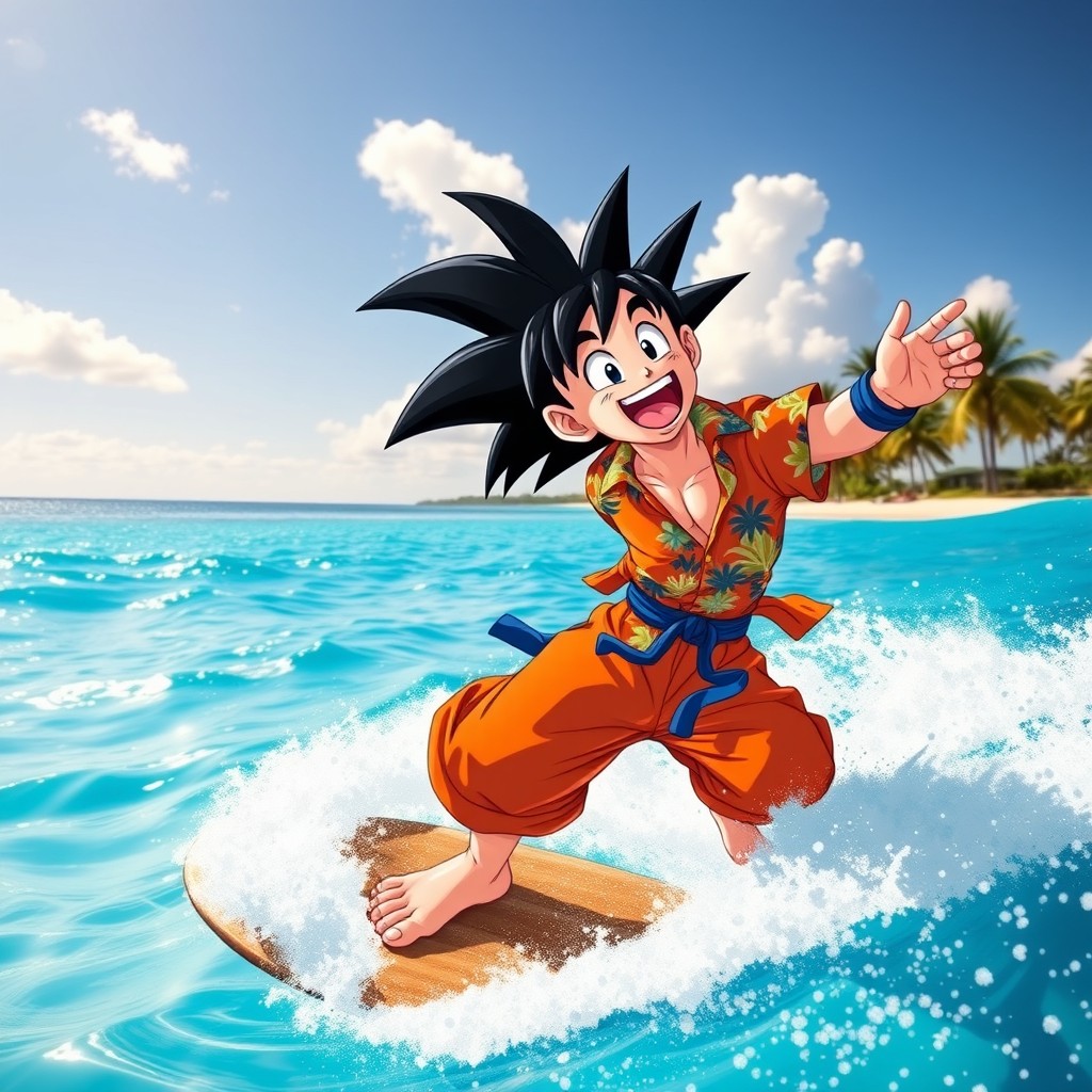 An adventurous scene of Goku from Dragon Ball Z happily surfing on a bright blue ocean wave