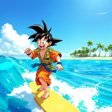 An adventurous scene of Goku from Dragon Ball Z happily surfing on a bright blue ocean wave