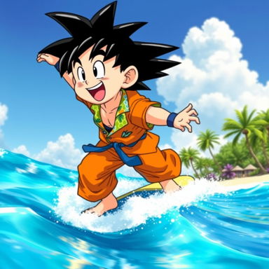 An adventurous scene of Goku from Dragon Ball Z happily surfing on a bright blue ocean wave