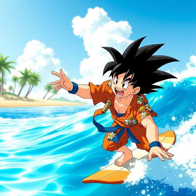 An adventurous scene of Goku from Dragon Ball Z happily surfing on a bright blue ocean wave