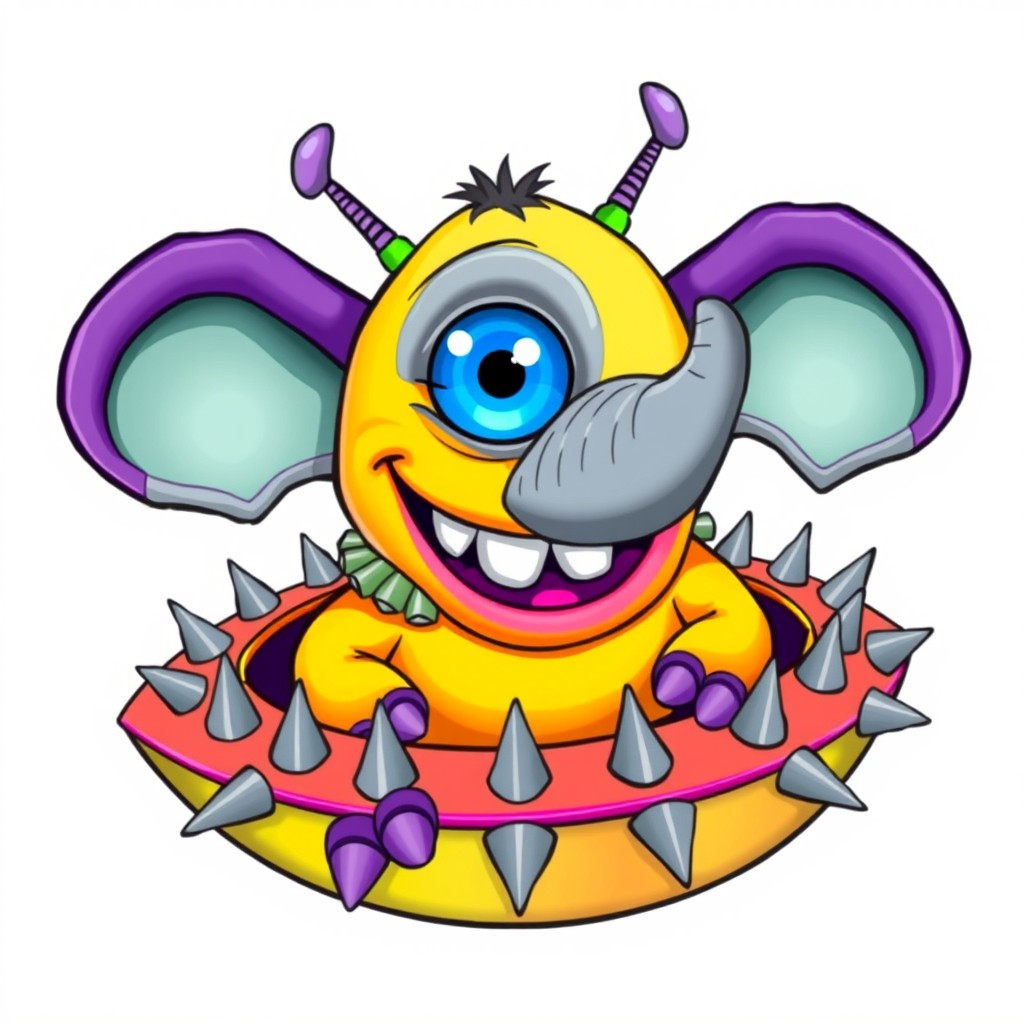 A cartoonish brightly colored monster with one large blue eye, elephant's ears and trunk, a wide smile and sharp teeth, centered in the image
