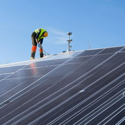 A professional solar panel installer at work, carefully mounting eco-friendly solar panels onto a sunlit rooftop.