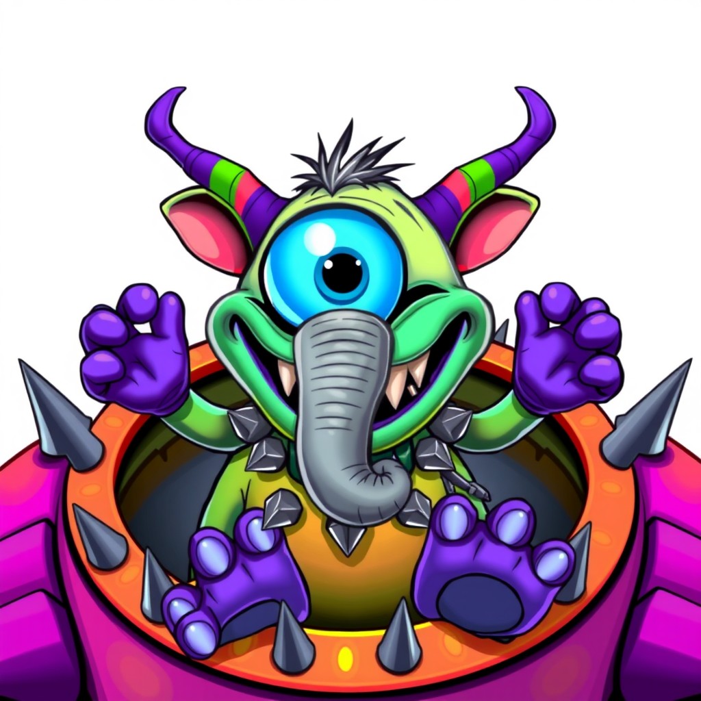 A cartoonish, brightly colored monster with a large blue eye, elephant's ears, and trunk, displaying a wide smile filled with sharp teeth