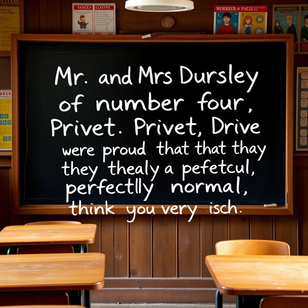 A blackboard set in a cozy, rustic classroom environment, featuring handwritten text that reads: "Mr and Mrs Dursley of number four, Privet Drive, were proud to say that they were perfectly normal, thank you very much