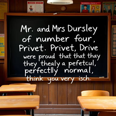 A blackboard set in a cozy, rustic classroom environment, featuring handwritten text that reads: "Mr and Mrs Dursley of number four, Privet Drive, were proud to say that they were perfectly normal, thank you very much