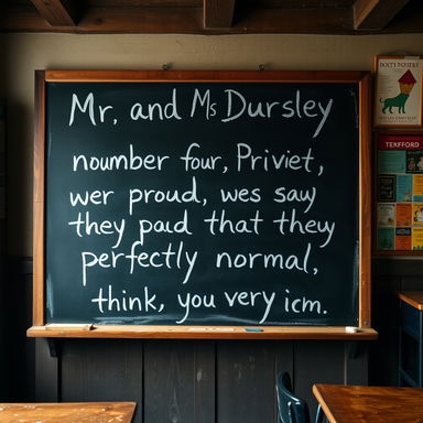 A blackboard set in a cozy, rustic classroom environment, featuring handwritten text that reads: "Mr and Mrs Dursley of number four, Privet Drive, were proud to say that they were perfectly normal, thank you very much
