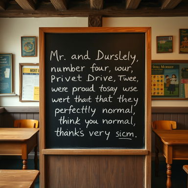 A blackboard set in a cozy, rustic classroom environment, featuring handwritten text that reads: "Mr and Mrs Dursley of number four, Privet Drive, were proud to say that they were perfectly normal, thank you very much